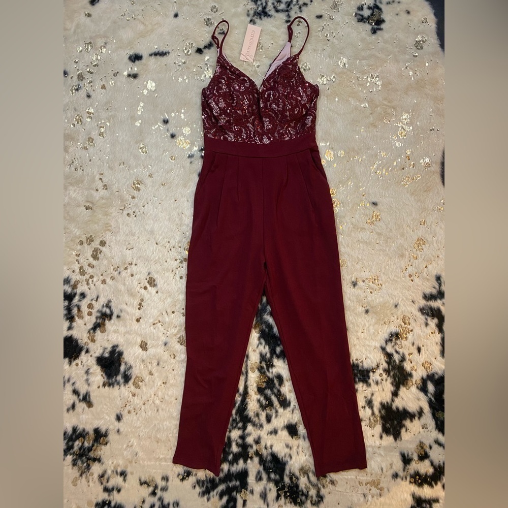 Skirt and Stiletto Women's Wine Red Lace Sleeveless Straight Leg Jumpsuit
